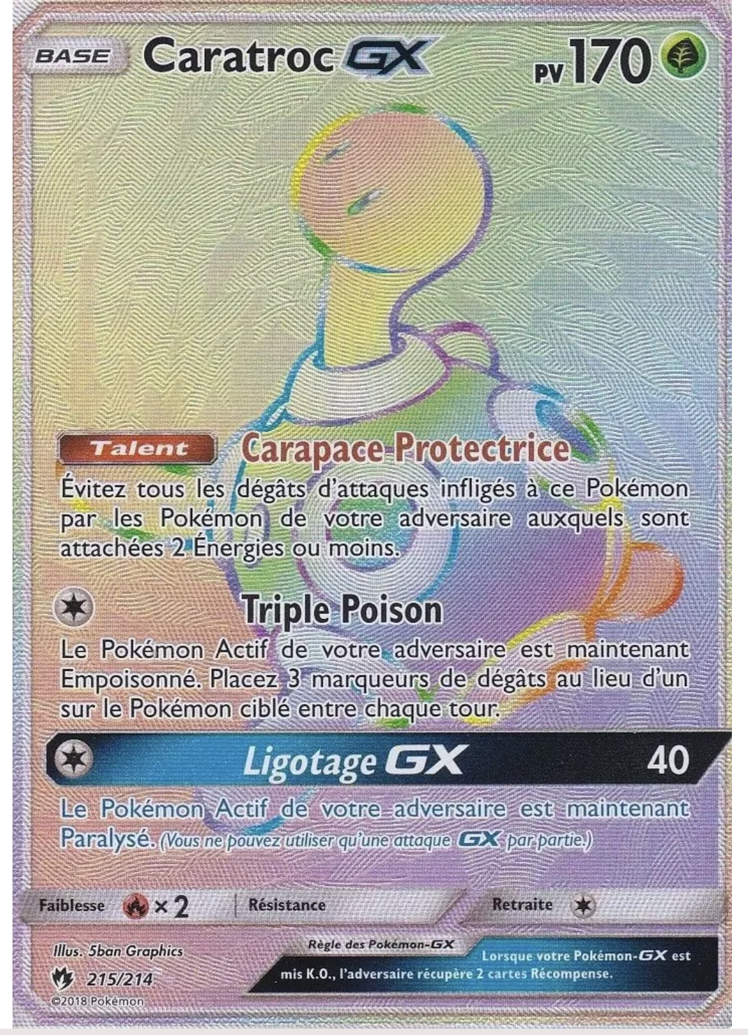 Carte Pokémon Caratroc Gx arc en ciel (SL 215) Française NM + 1 carte mystère offerte