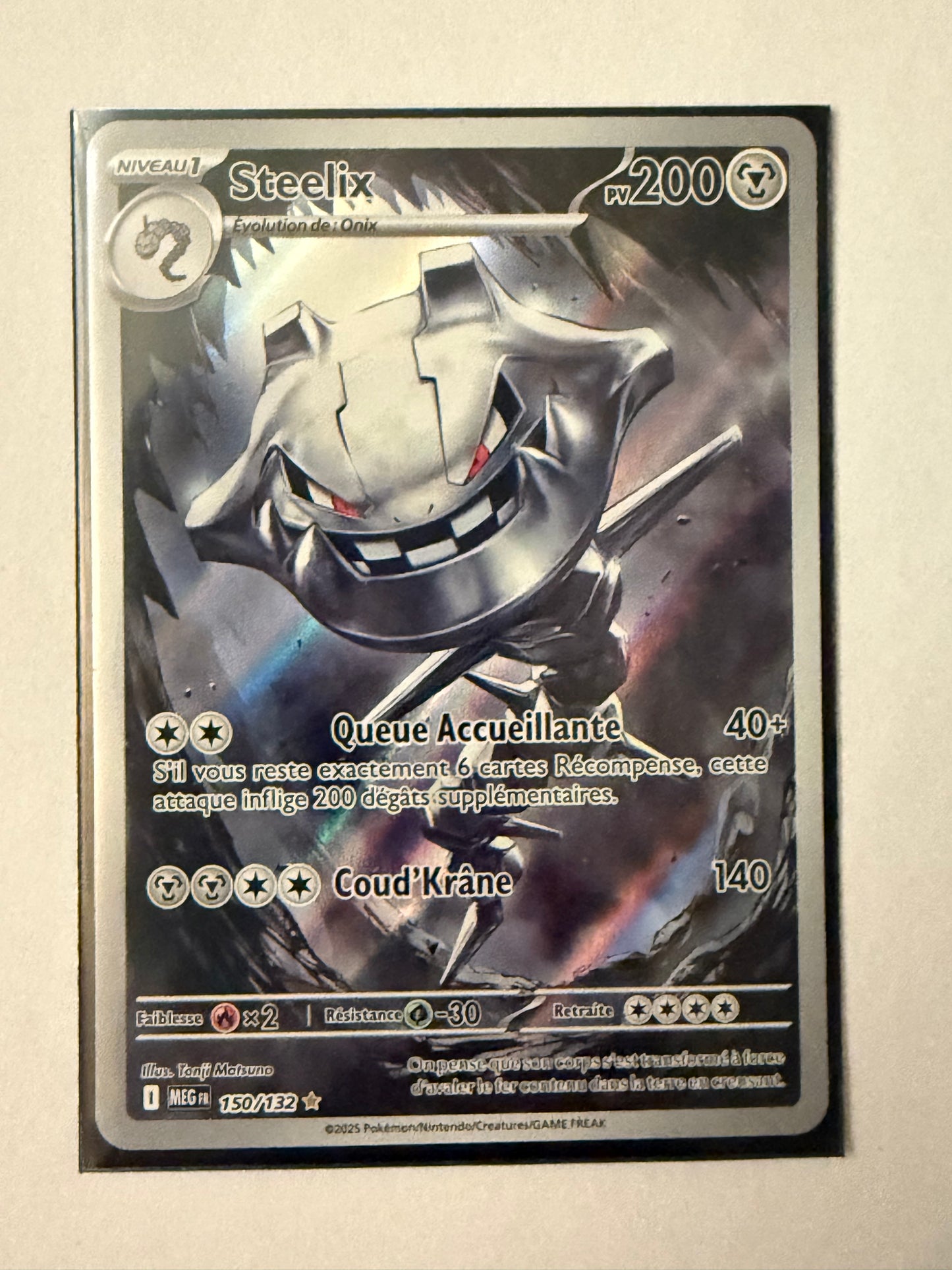 Carte Pokémon AR Steelix (Me1 150) Mint Française + 1 carte mystère