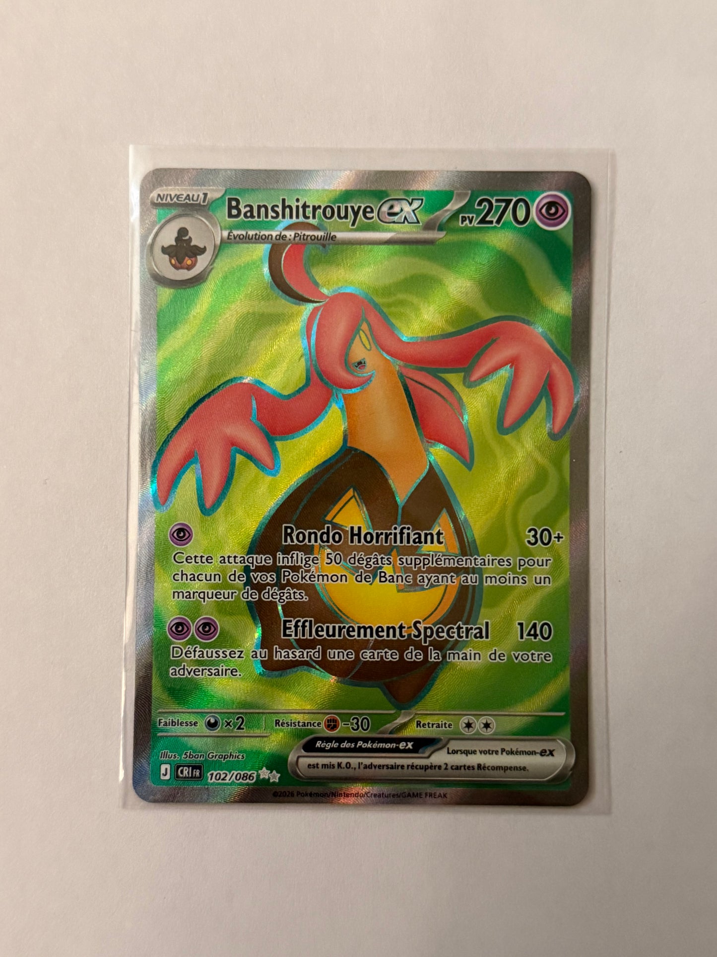 Carte Pokémon FA Banshytrouye ex (M4 102) Mint Française + 1 carte mystère
