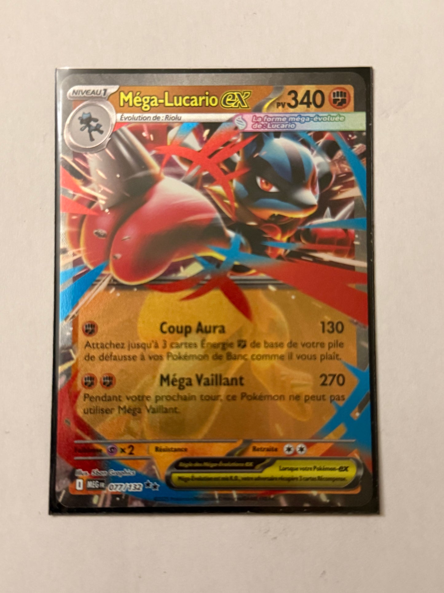 Carte Pokémon Mega Lucario Ex (Me1 077) Mint Française + 1 carte mystère