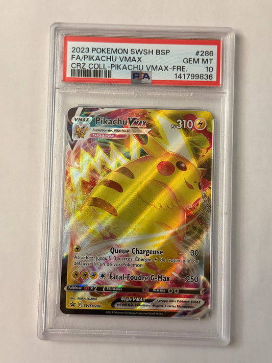 Carte Pokémon Gradée Promo Pikachu Vmax (Swsh286) PSA 10 Française + 1 carte mystère offerte